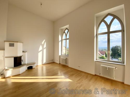 sehr helles Wohnzimmer nach Südwesten mit Kamin