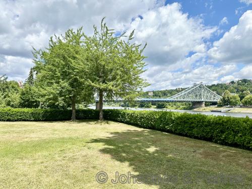 traumhaft schöner Garten mit Blick auf Elbe und Blaues Wunder