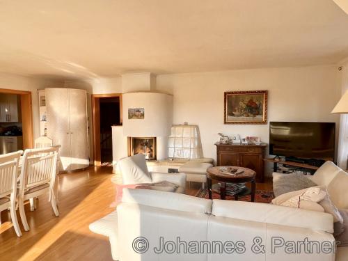 großes und helles Wohnzimmer mit Kamin