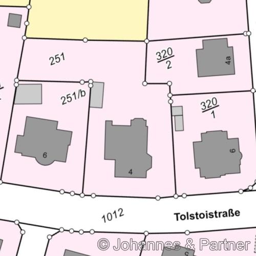 Auszug Lageplan, Hausnummer 4, deutlich größeres Grundstück als die Nachbargrundstücke