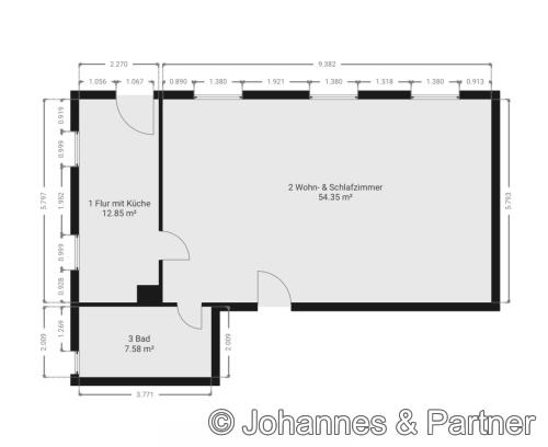 Grundriss der 75 m²-Einheit im Gartengeschoss